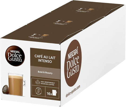 NESCAFÉ Dolce Gusto Café Au Lait Intenso Coffee Pods – 16 Capsules (Pack of 3), 48 Drinks – Compatible with Dolce Gusto Machines